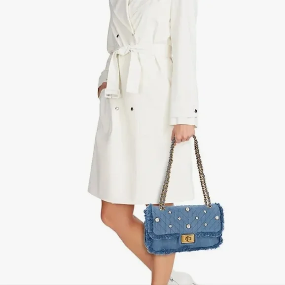 Karl Lagerfeld Navy Quilted Denim Shoulder Bag with Pearls and Gold Chain - Picture 6 of 9